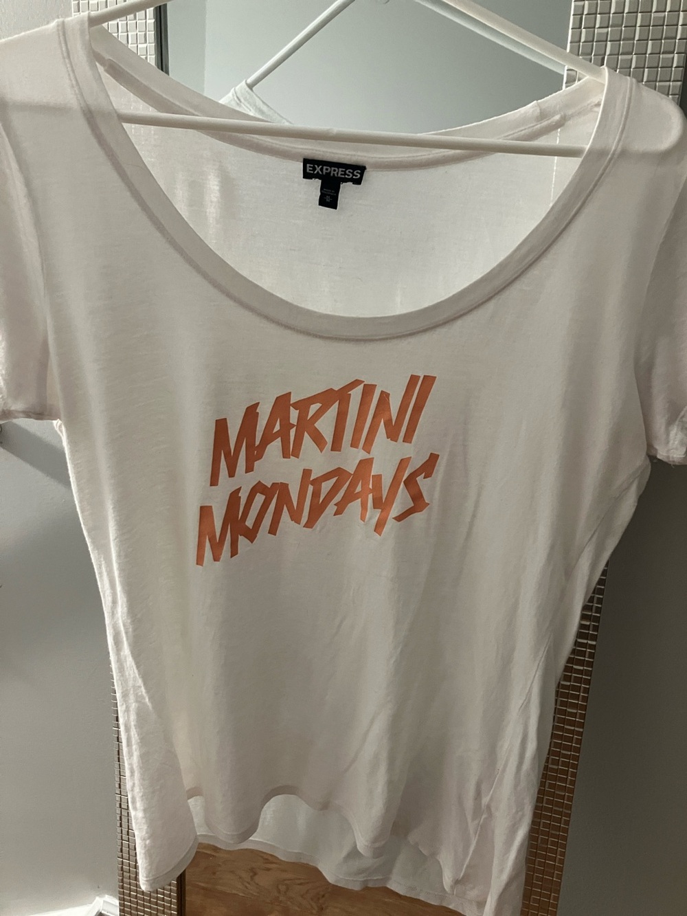 Express White Short Sleeve Tee with Orange "Martini Mondays" Graphic